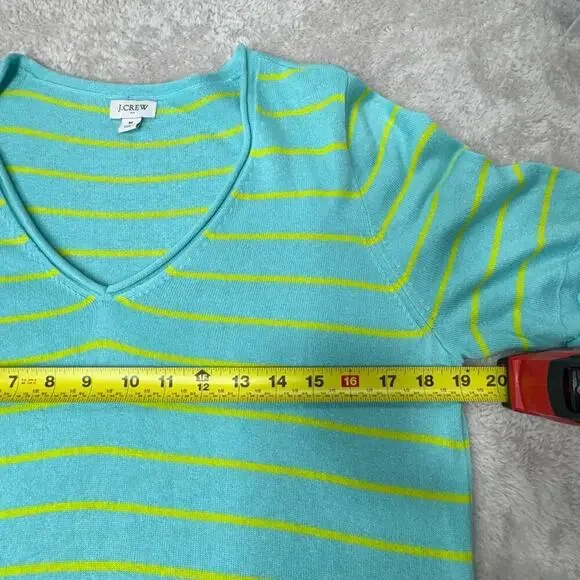 J.Crew Linen Blend Striped Sweater Top Sz M Green Yellow V-Neck Short Sleeve - Picture 6 of 9